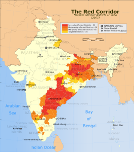 Map of India's infamous "Red Corridor" of Naxalite activities; Photo Credit: WikiMedia Commons