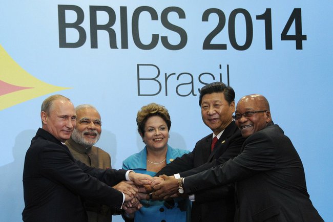 BRICS summit participants: President of Russia Vladmir Putin, Prime Minister of India Narendra Modi, President of Brazil Dilma Rousseff, President of China Xi Jinping, President of South Africa Jacob Zuma. Credit: www.kremlin.ru via Wikimedia
